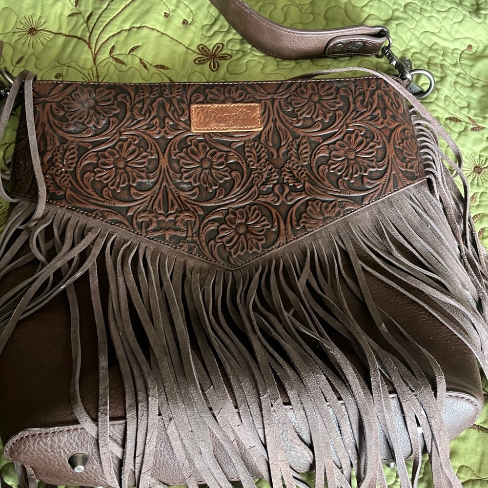 Brown Leather Shoulder Bag with Fringe and Embossed Design